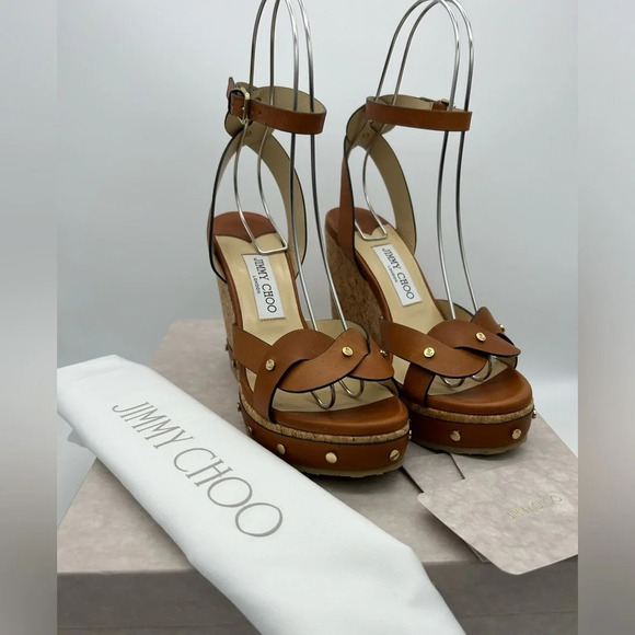 $795 Jimmy Choo Women's Cognac Drya Studded Wedge Sandal Shoes Size EU 38 - Picture 4 of 16